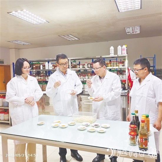 陈杰（右二）和同事仔细比对新研发产品的各项指标。