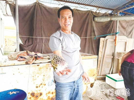 老渔民利叔展示新鲜渔获。