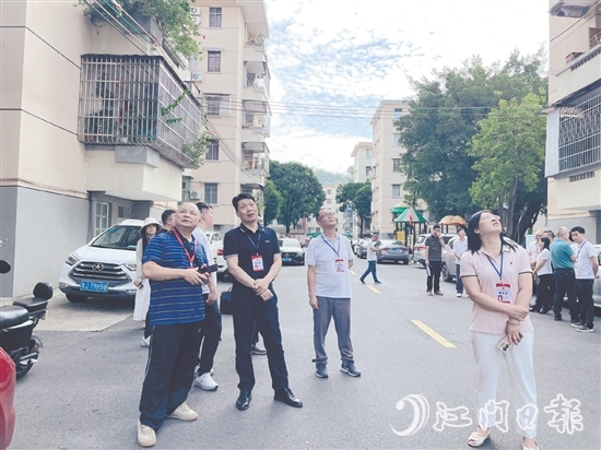 人大代表们视察老旧小区改造情况。