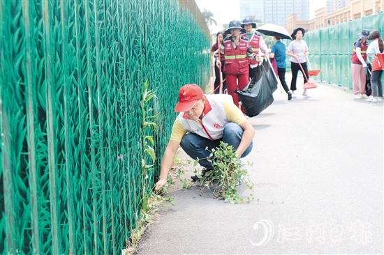 党员志愿者与网格员清理围蔽栏周围的杂草和垃圾。