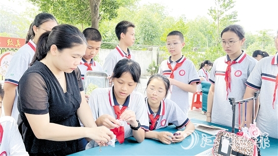 学校老师教学生制作中草药香囊。