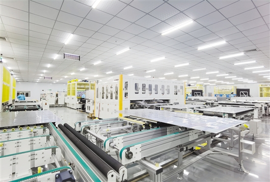 我市加快打造国家硅能源产业发展基地和产品进出口基地，目前已经吸引隆基绿能、晶镁光伏等企业进驻。图为晶镁光伏生产车间。