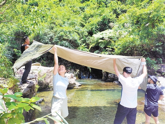 夏季，市民在户外露营时搭棚防晒。