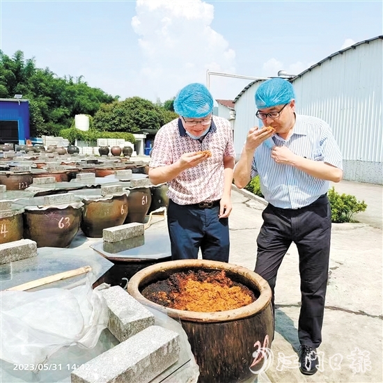 陈杰（左）查看酱料发酵情况。