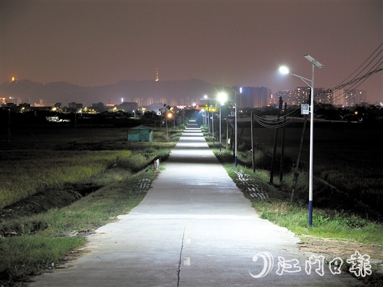 在古劳镇大埠村，新安装的太阳能路灯照亮村民的回家路。