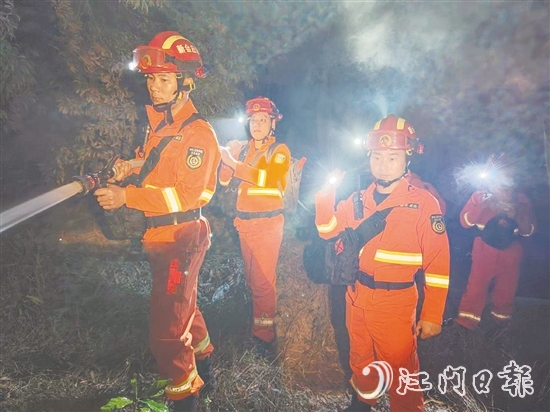 为进一步加强应急队伍夜间扑火实战能力，新会区森防办在三江镇某林区开展夜间实战演练，做好扑火救灾应急准备。