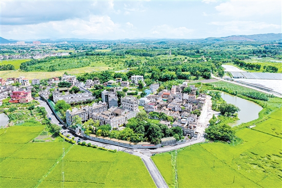 在“全国文明村”开平市塘口镇强亚村，碉楼古韵与文明新风相映成趣。