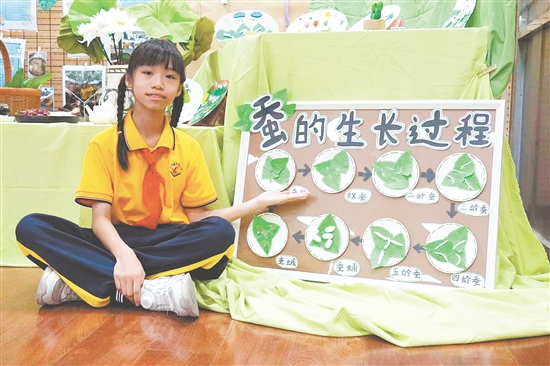 美术课上，学生在教师的指导下创作《蚕的一生》主题绘本。