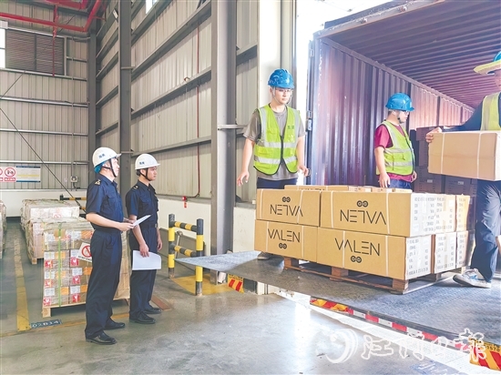 江门海关关员对出口拼箱货物进行监管。江关宣供图