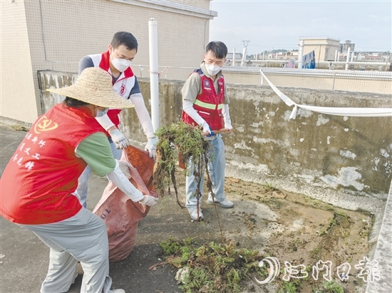 广大党员干部当先锋,图为鹤山市桃源镇党员干部正在清理天台垃圾。 广大党员干部当先锋,图为鹤山市桃源镇党员干部正在清理天台垃圾。
