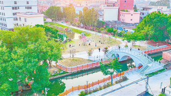 在蓬江，居民出门遇景，人居空间处处焕发新颜。图为荷塘镇高村村惟善公园。刘淑君