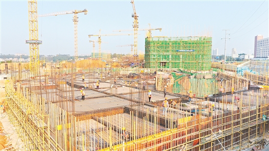 在台山工业新城，施工现场塔吊林立、车辆穿梭，“e”家智能、顺泽机械等16个优质产业项目正紧锣密鼓地抢抓施工黄金期，描绘出一幅幅火热的建设图景。