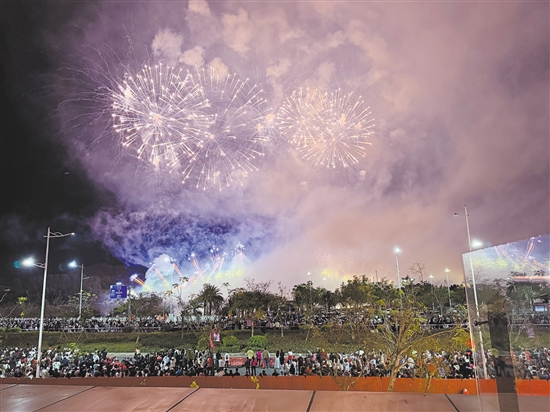 昨晚,在台山市金星湖湿地公园,璀璨的烟花照亮了夜空。 昨晚,在台山市金星湖湿地公园,璀璨的烟花照亮了夜空。