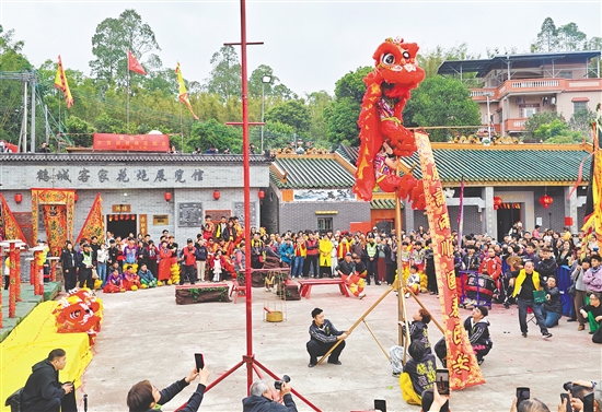 “小官田花炮会”现场精彩的鹤山狮艺表演吸引众人围观。