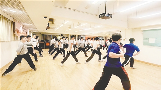 来自新会蔡李佛始祖拳会的传承教练带领香港中学生学习蔡李佛拳的基础招式。