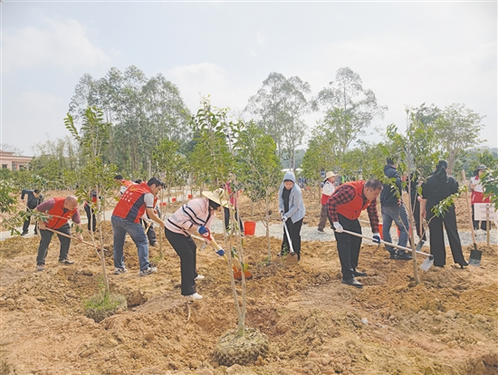 社会各界代表在鹤山市宅梧镇靖村村参与植树活动。
