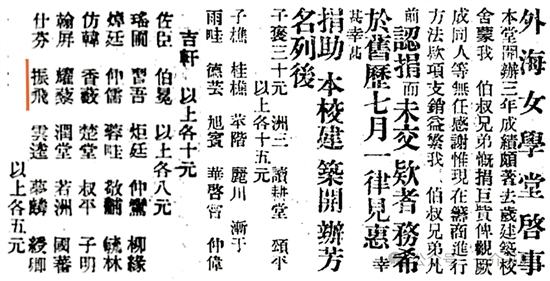 1912年8月《民生日报》刊登《外海女学堂启事》，在乡贤捐资办学的芳名榜单中，“振飞”之名赫然在列。陈飘石供图