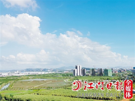 梅江农业生态园显现出新会枢纽新城“半城繁华半城绿”的发展格局。